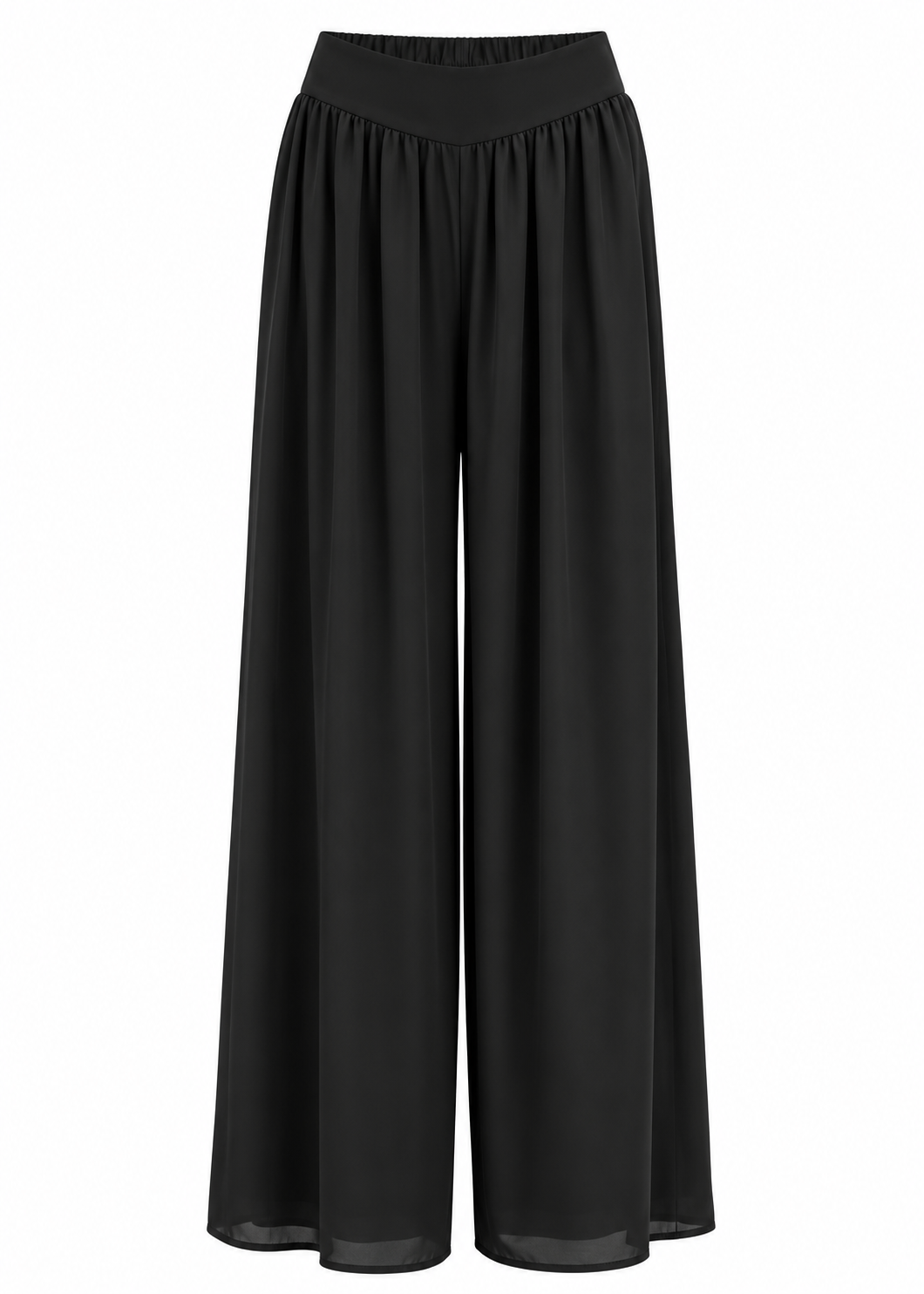 Black wide-leg palazzo trousers with smooth front waistband and fluid gathered legs