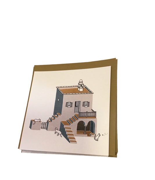 Brown card -Stone House  with Stairs and Cats