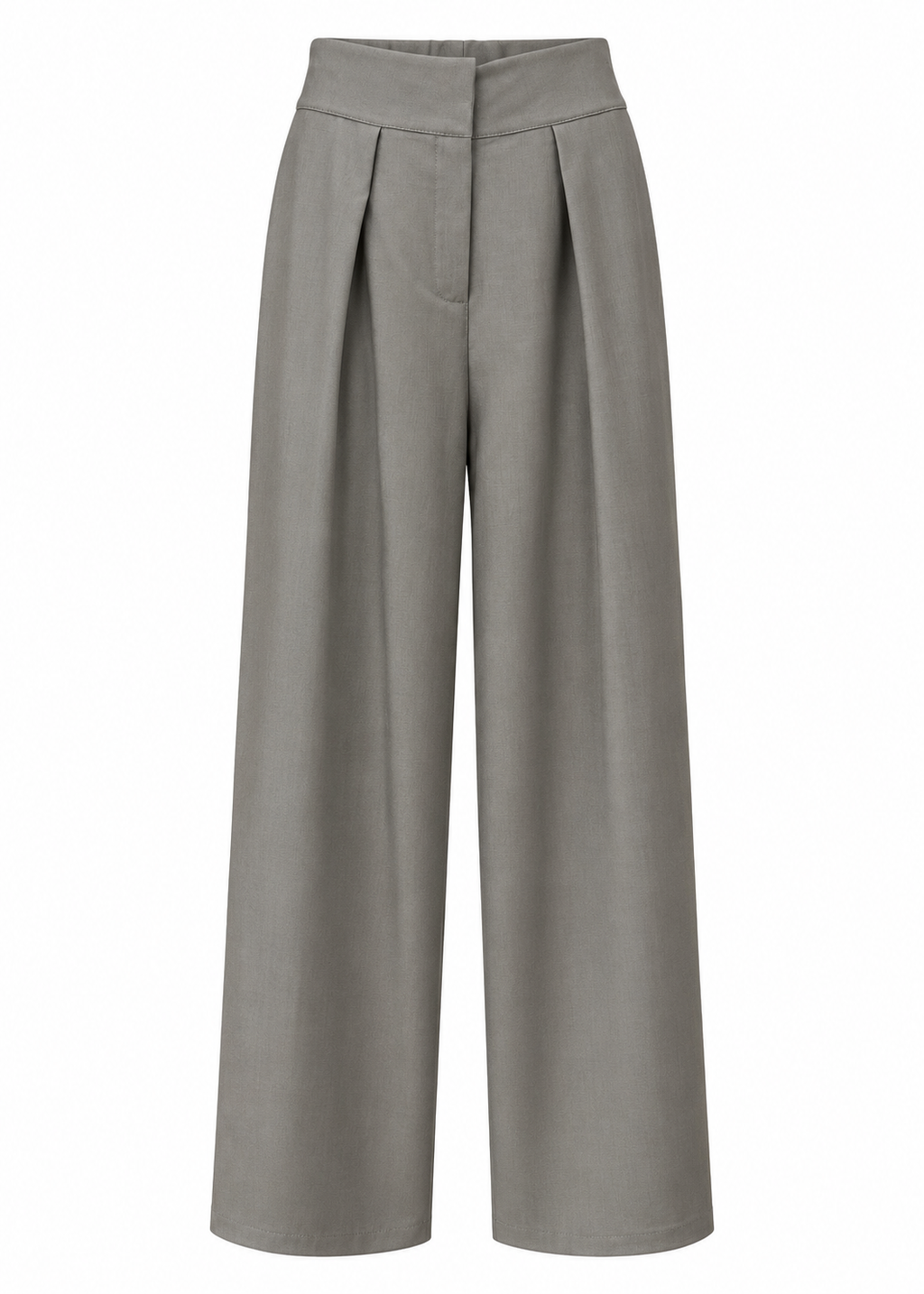 Front view of grey-green wide-leg trousers with deep front pleats and a smooth waistband