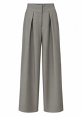 Front view of grey-green wide-leg trousers with deep front pleats and a smooth waistband