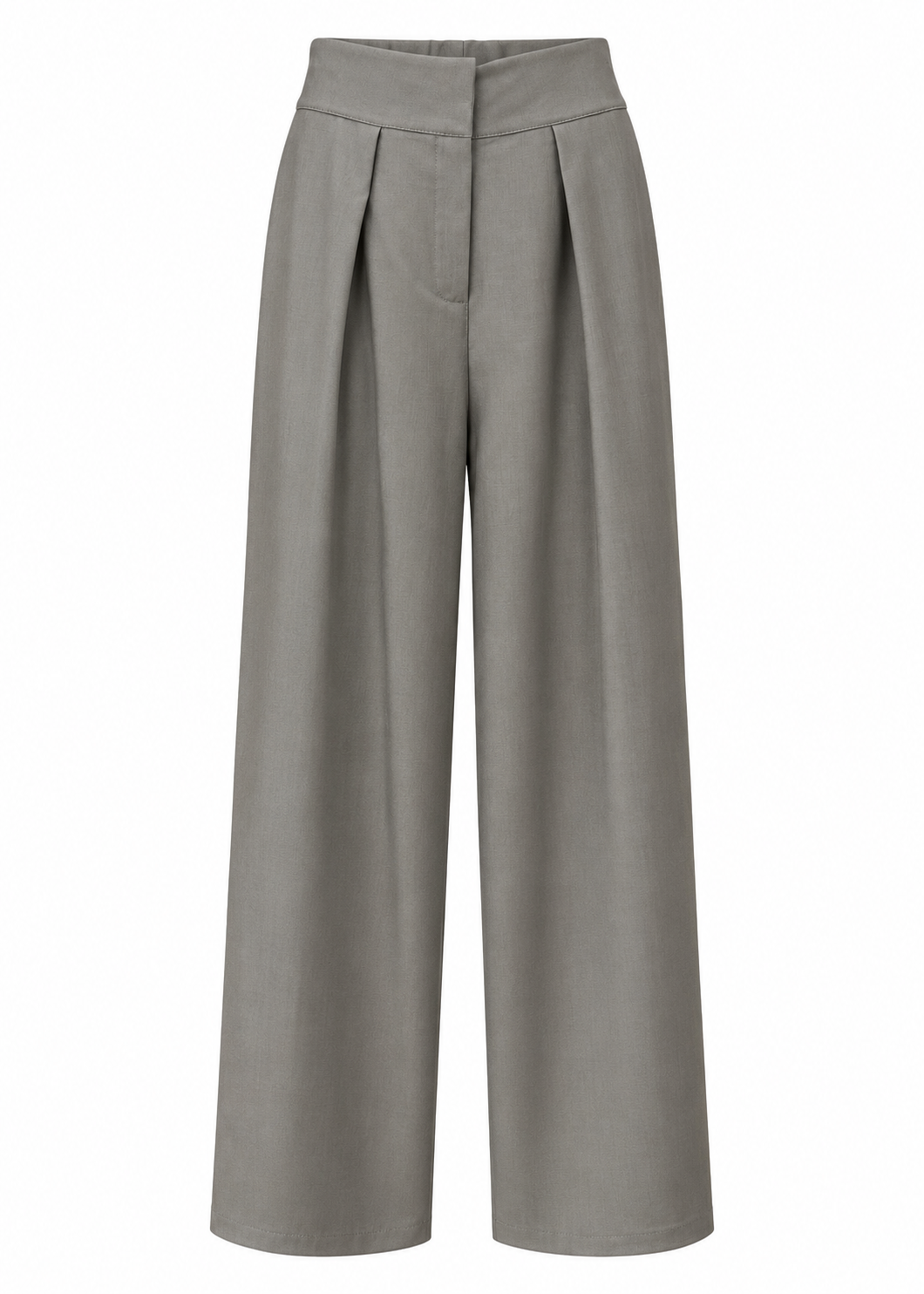 Front view of grey-green wide-leg trousers with deep front pleats and a smooth waistband