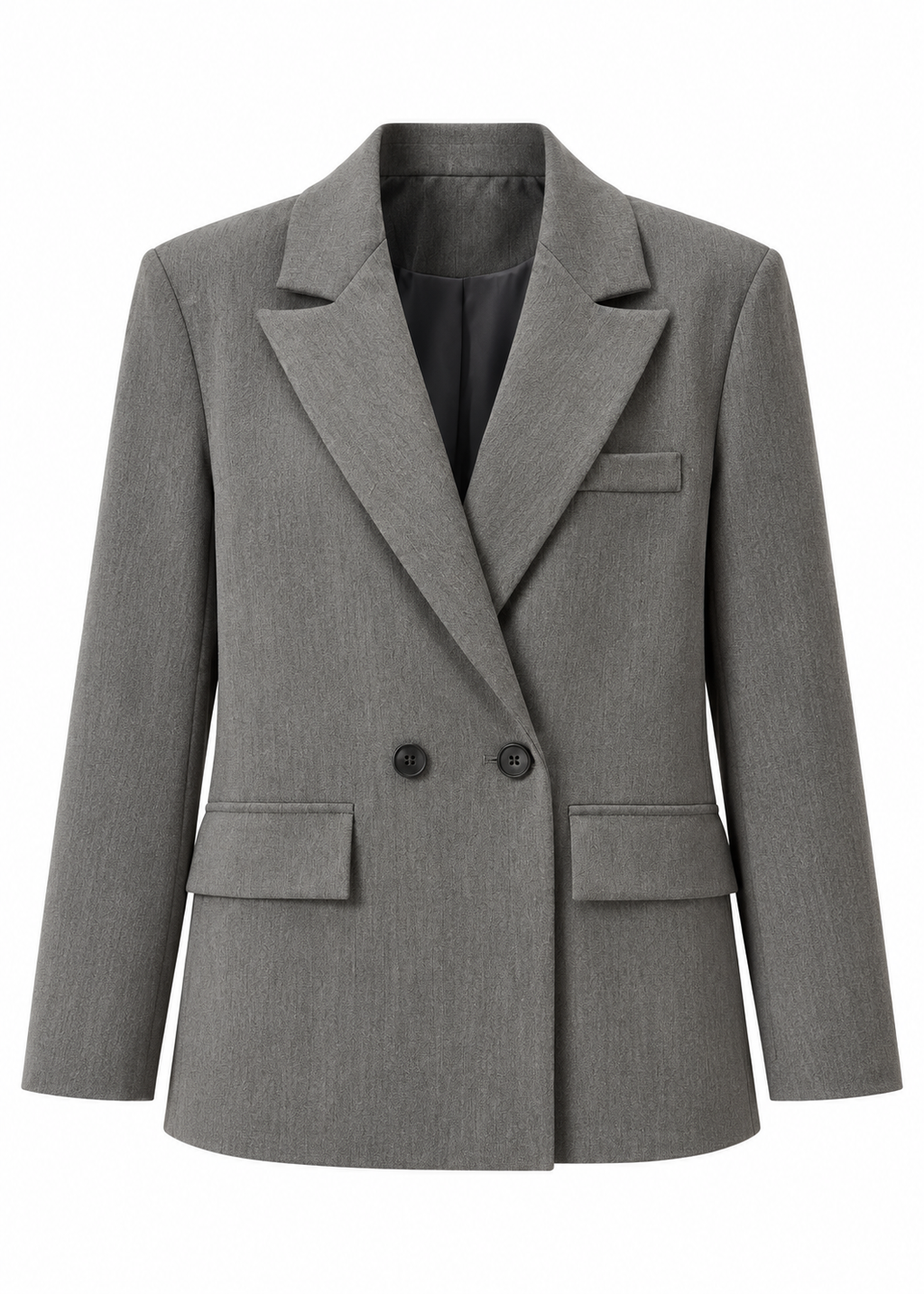 Grey double-breasted blazer with notched lapels and front flap pockets