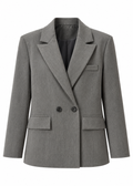 Grey double-breasted blazer with notched lapels and front flap pockets