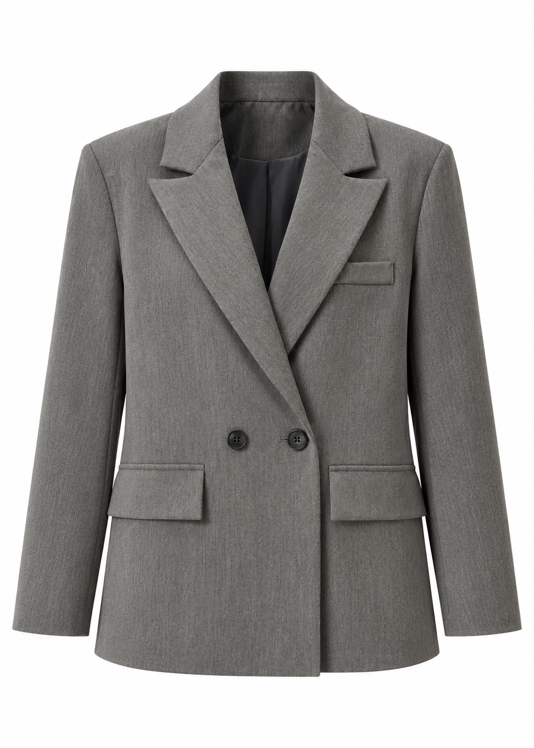 Grey double-breasted blazer with notched lapels and front flap pockets