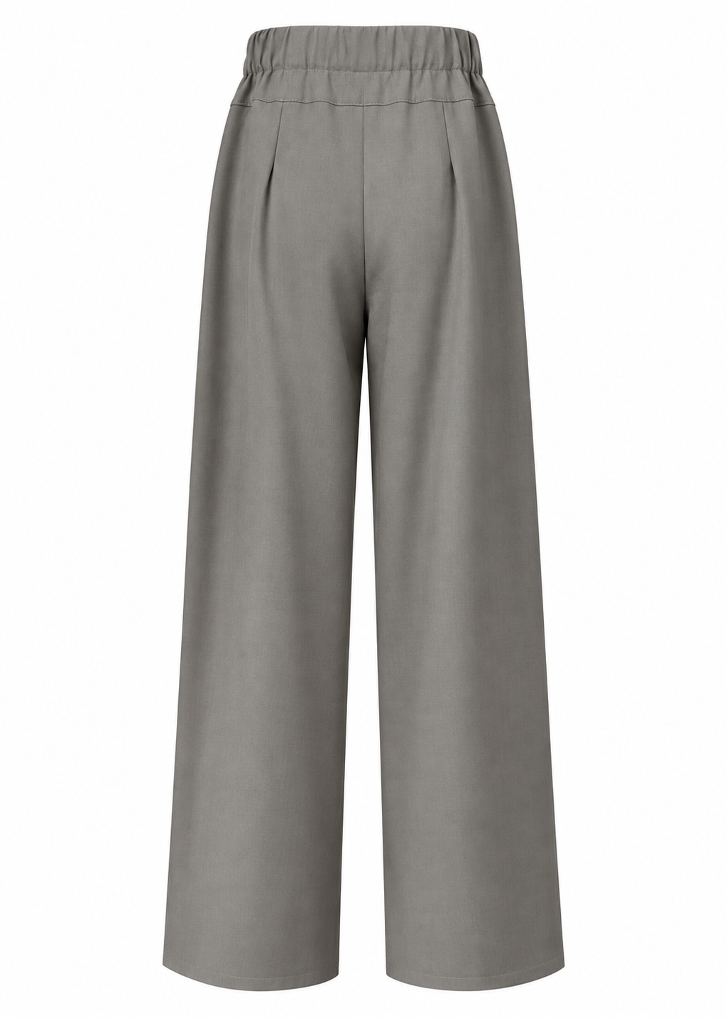Back view of grey-green wide-leg trousers showing the elasticated back waistband