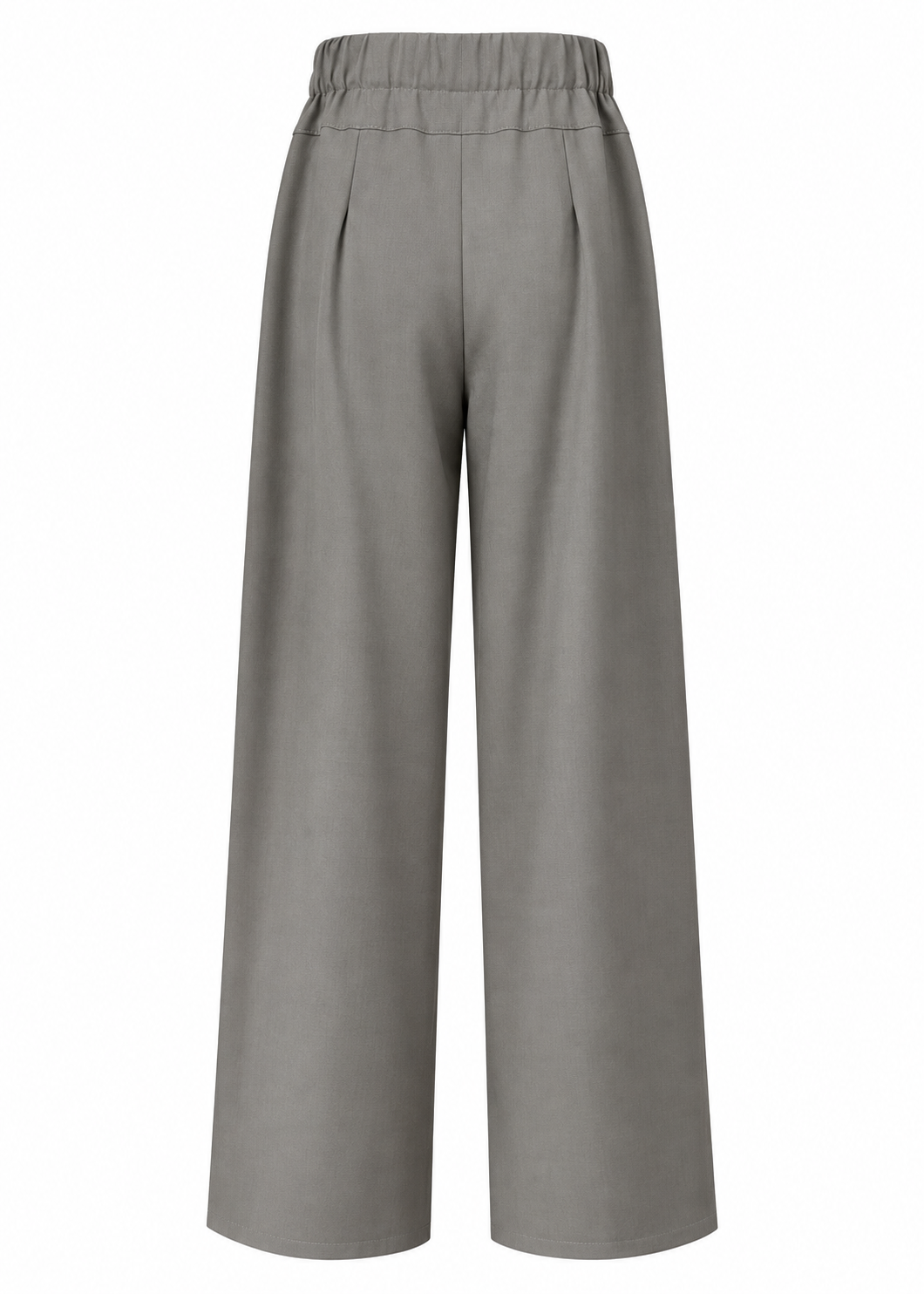 Back view of grey-green wide-leg trousers showing the elasticated back waistband