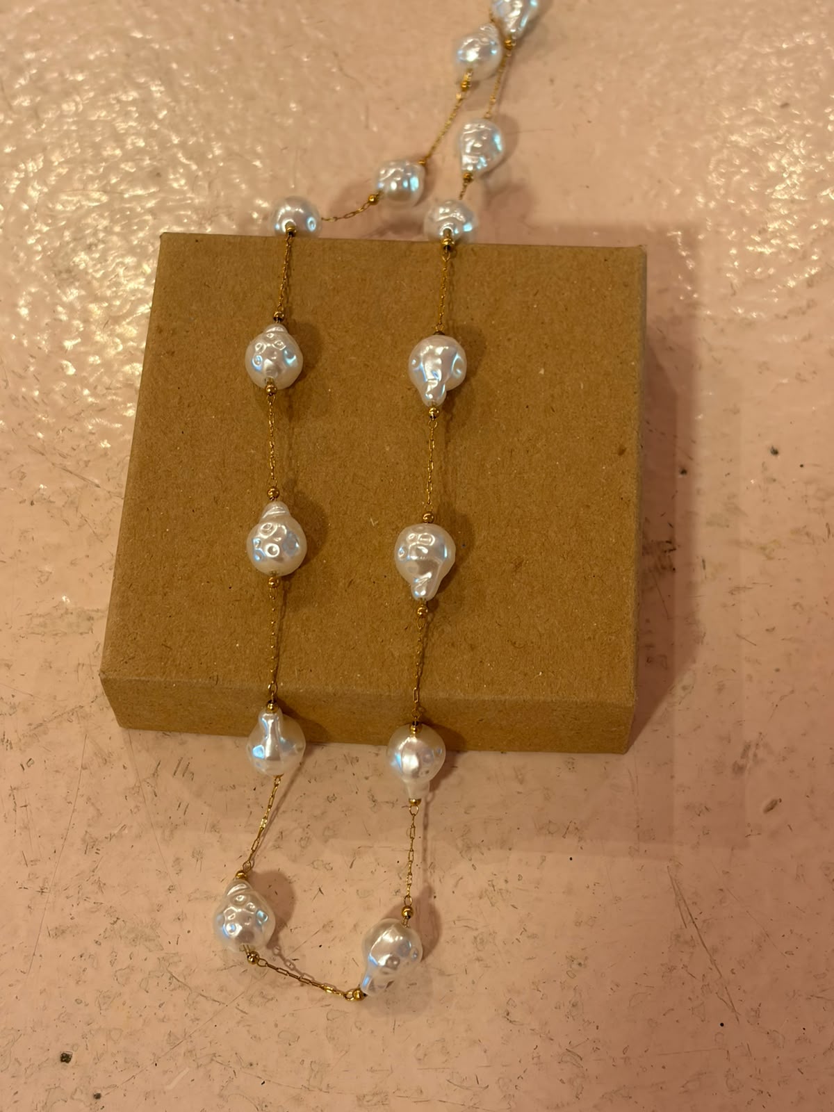 Handmade Baroque Pearl Station Necklace (028) | Gold Chain
