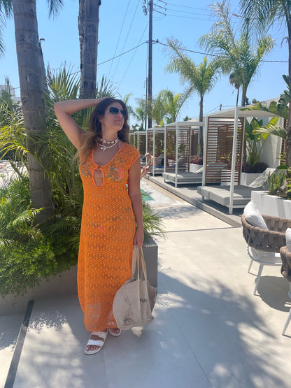 Sunset Crochet Cover-Up Dress – Orange Flame