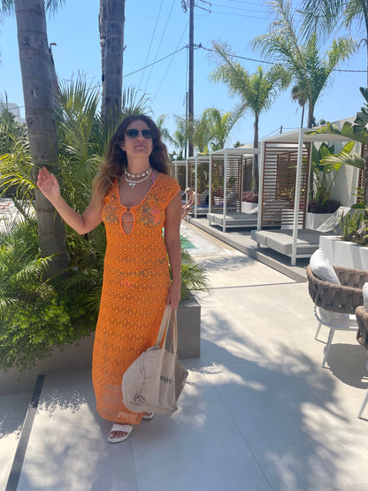 Sunset Crochet Cover-Up Dress – Orange Flame