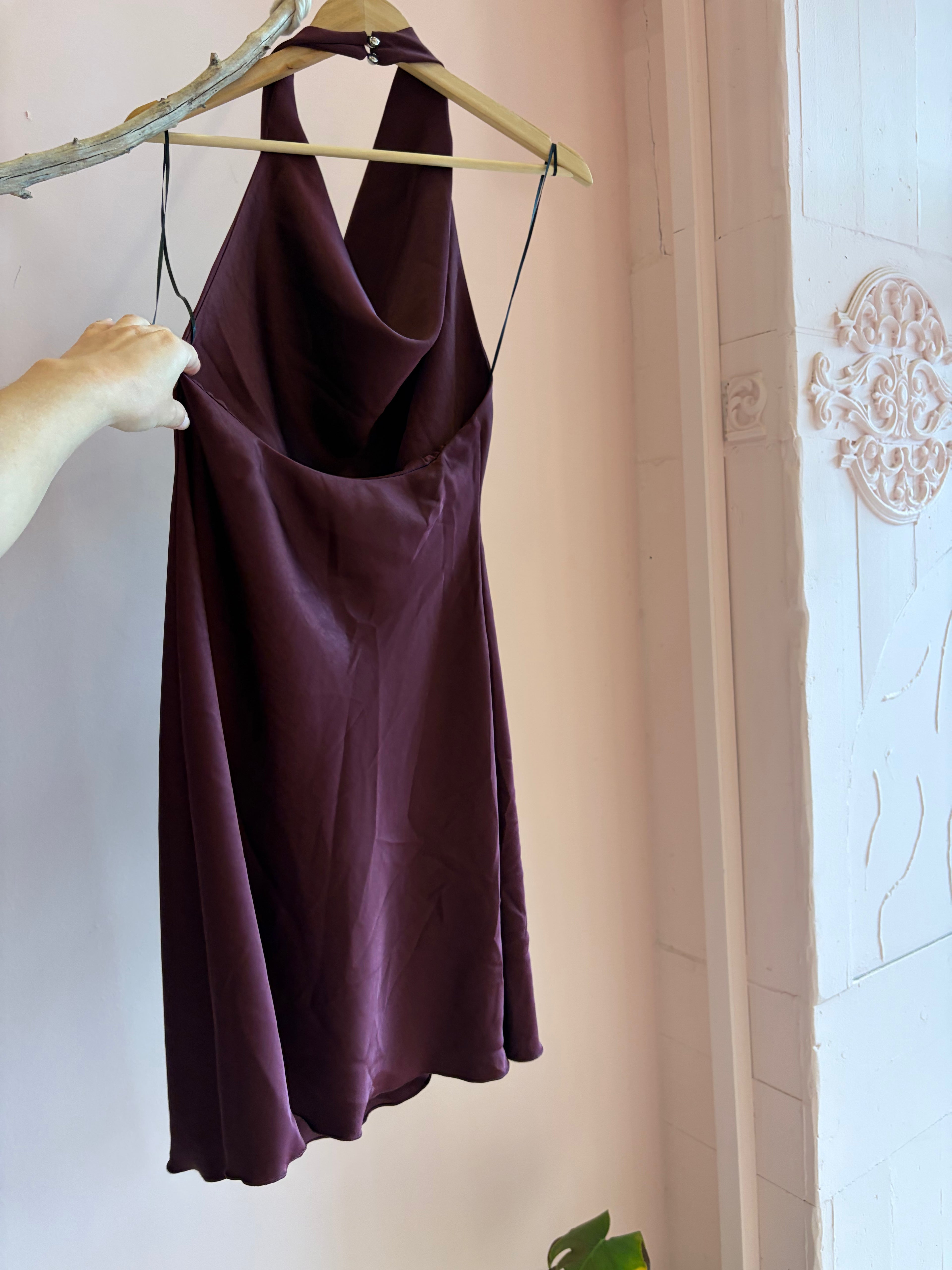 Cowl-Neck Satin Halter Mini Dress | Burgundy