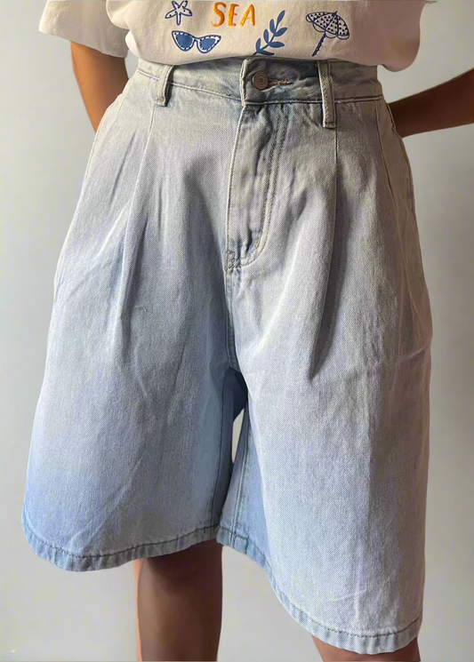 High-Waisted Denim Bermuda Shorts
