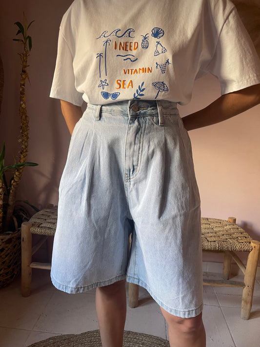 High-Waisted Denim Bermuda Shorts