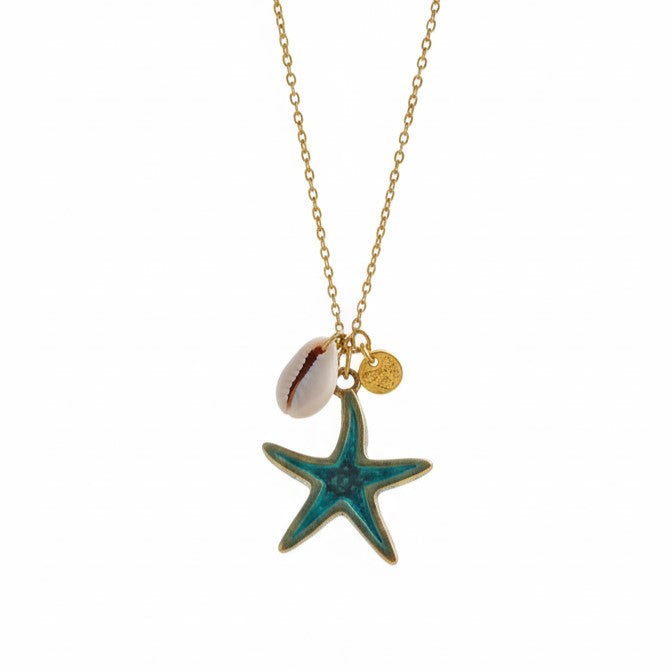 Thalassa — Teal Enamel Starfish, Cowrie Shell & Gold Coin Necklace