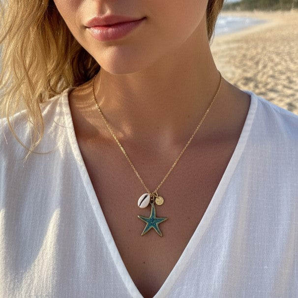 Thalassa — Teal Enamel Starfish, Cowrie Shell & Gold Coin Necklace