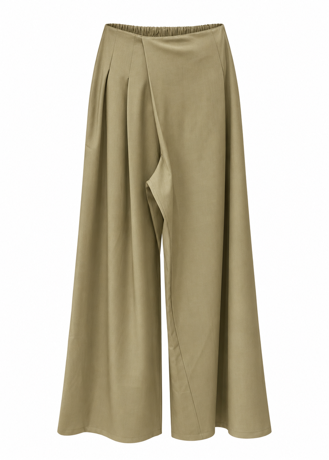Khaki wide-leg trousers with asymmetric draped front panel and pleat detail