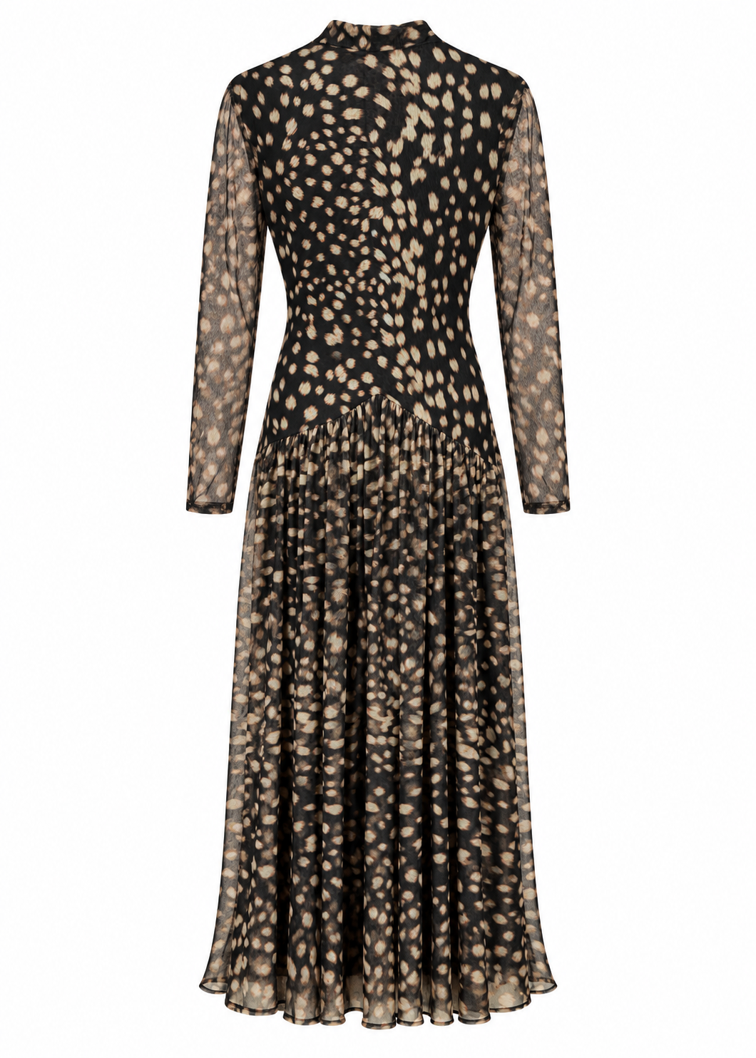 Back view of black and beige spotted maxi dress showing fitted waist and gathered flowing skirt