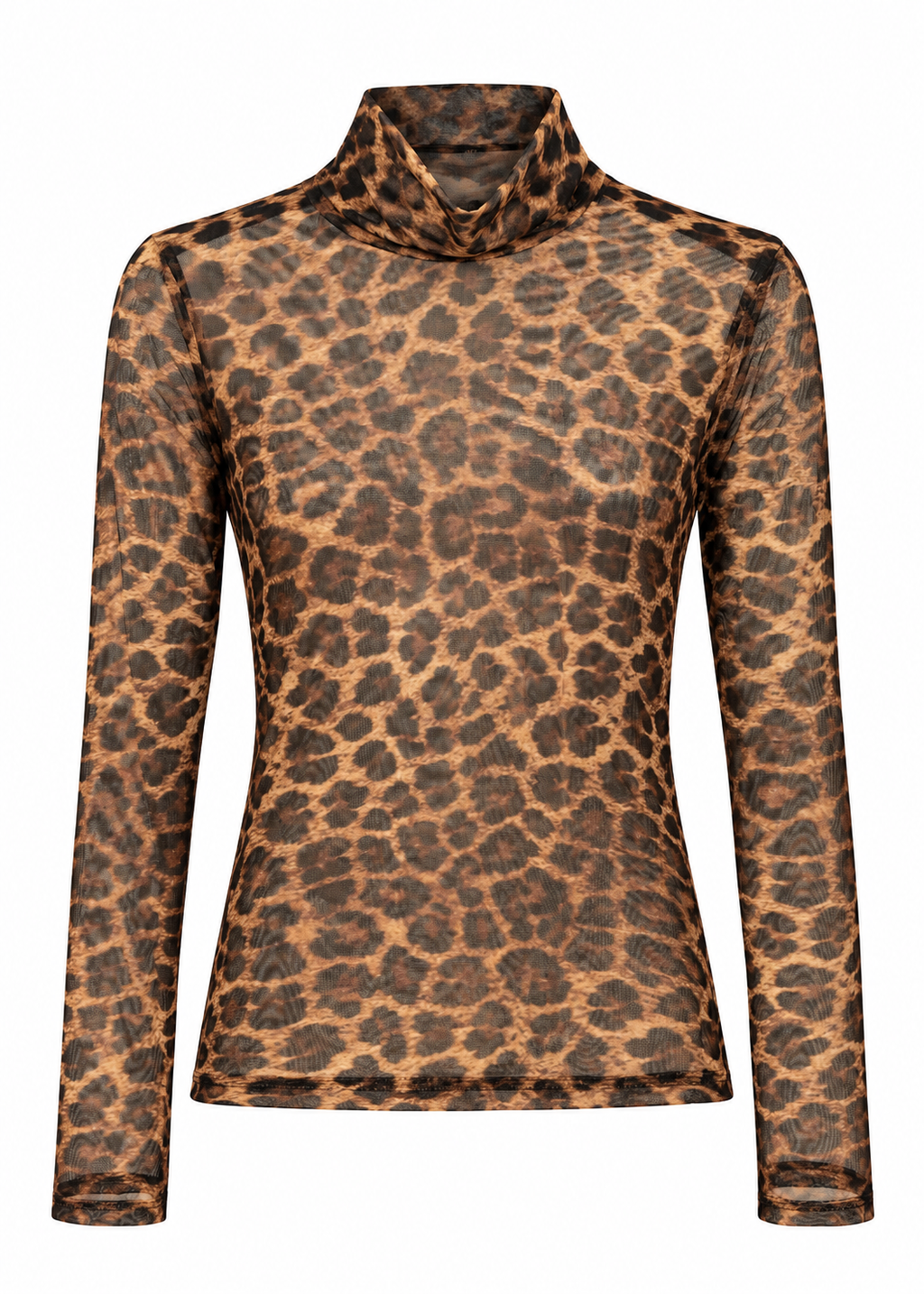 Leopard-print sheer mesh high-neck top with long sleeves, front view