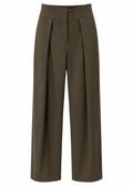 Front view of olive high-waisted wide-leg trousers with deep pleats and a smooth waistband