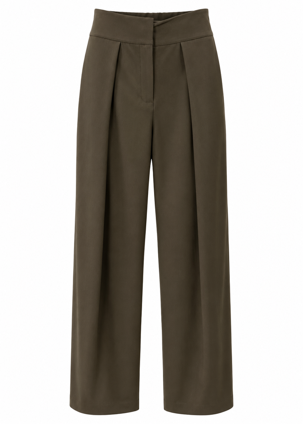 Front view of olive high-waisted wide-leg trousers with deep pleats and a smooth waistband