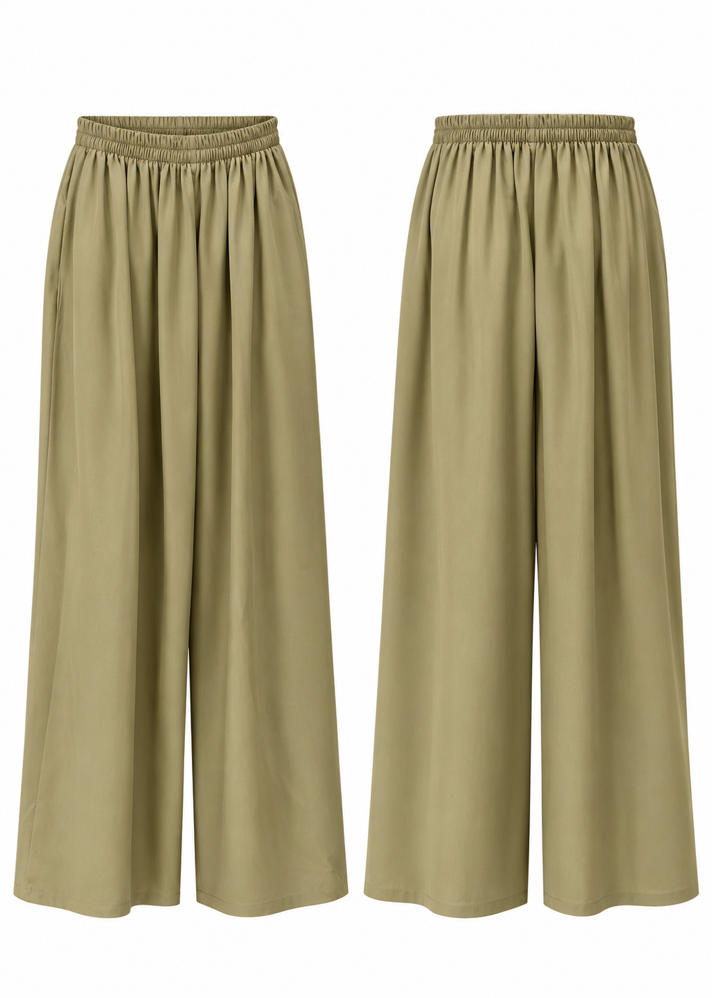 Back views of khaki wide-leg trousers showing gathered elasticated waistband