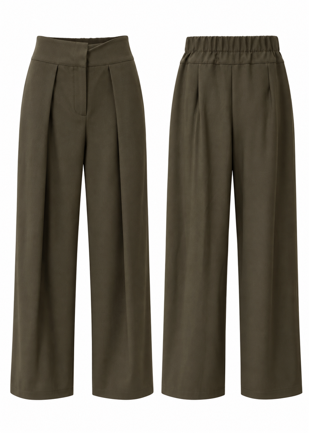 Front and back views of olive pleated wide-leg trousers showing the elasticated back waistband