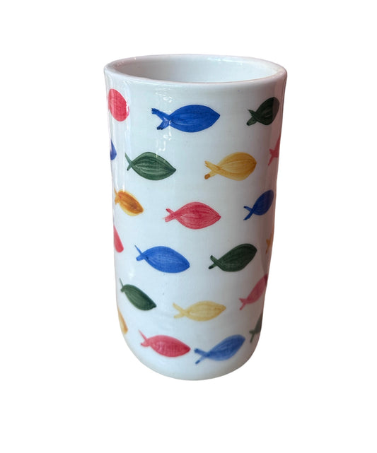 Handcrafted Ceramic Vase with Playful Colorful Fish Pattern