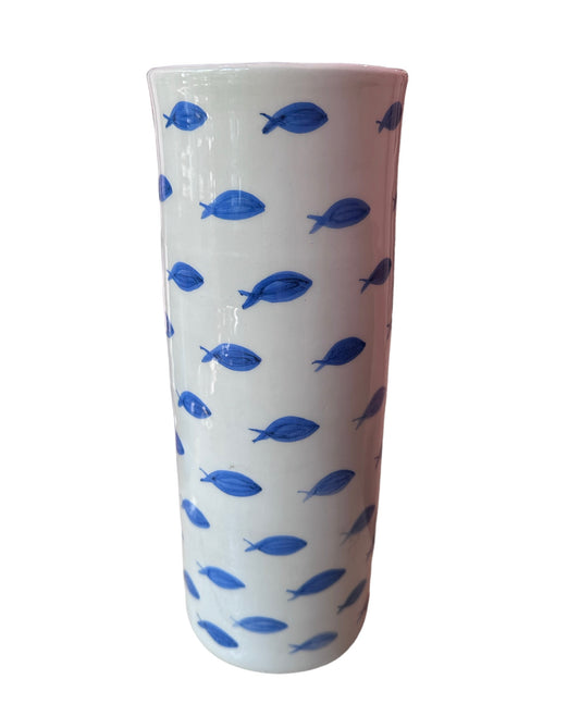 Handcrafted Ceramic Vase with Playful Blue Fish Pattern