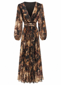 Earth-tone floral pleated maxi dress with crossover V-neck and matching buckle belt, front view