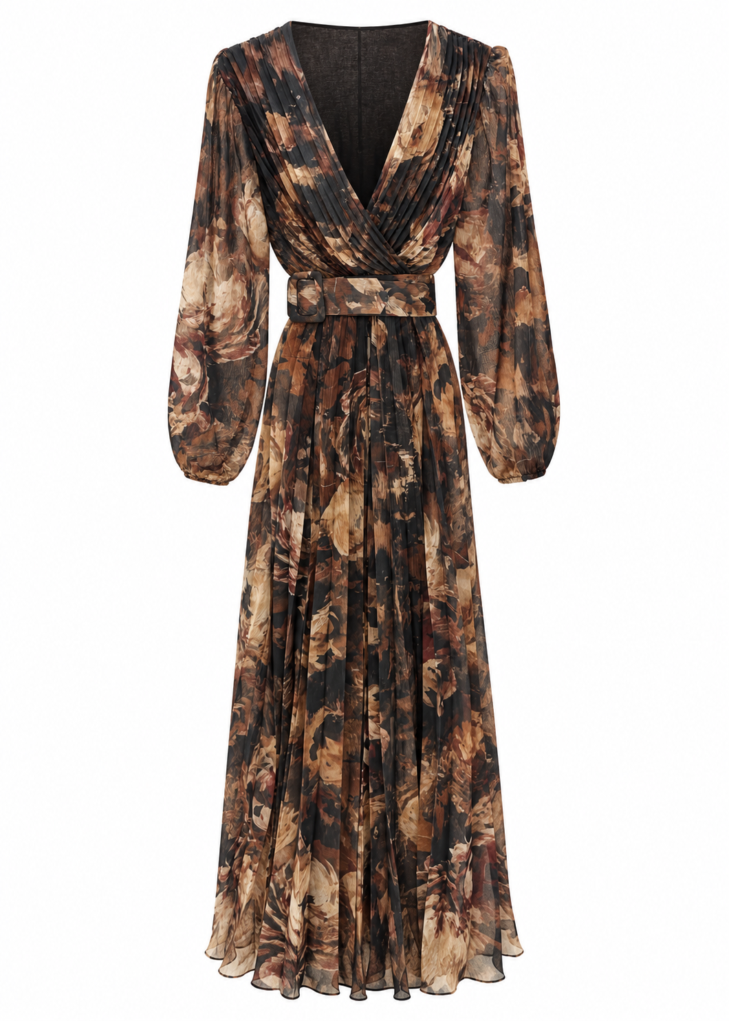 Earth-tone floral pleated maxi dress with crossover V-neck and matching buckle belt, front view