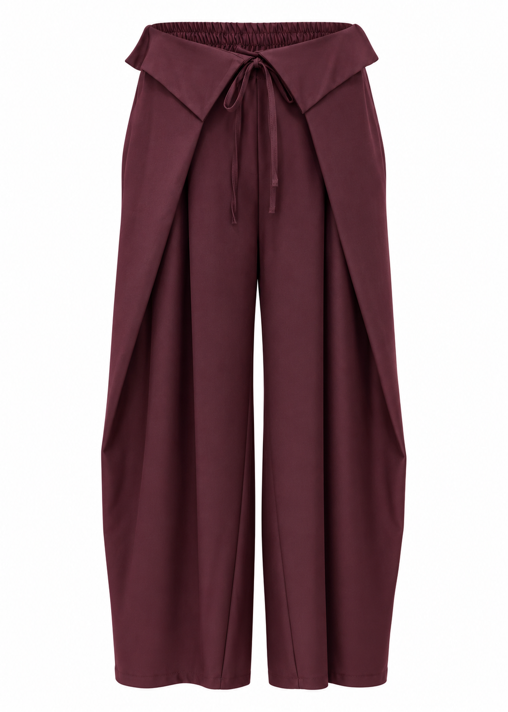 Front view of burgundy wide-leg trousers with draped wrap-style panels and tie-waist detail