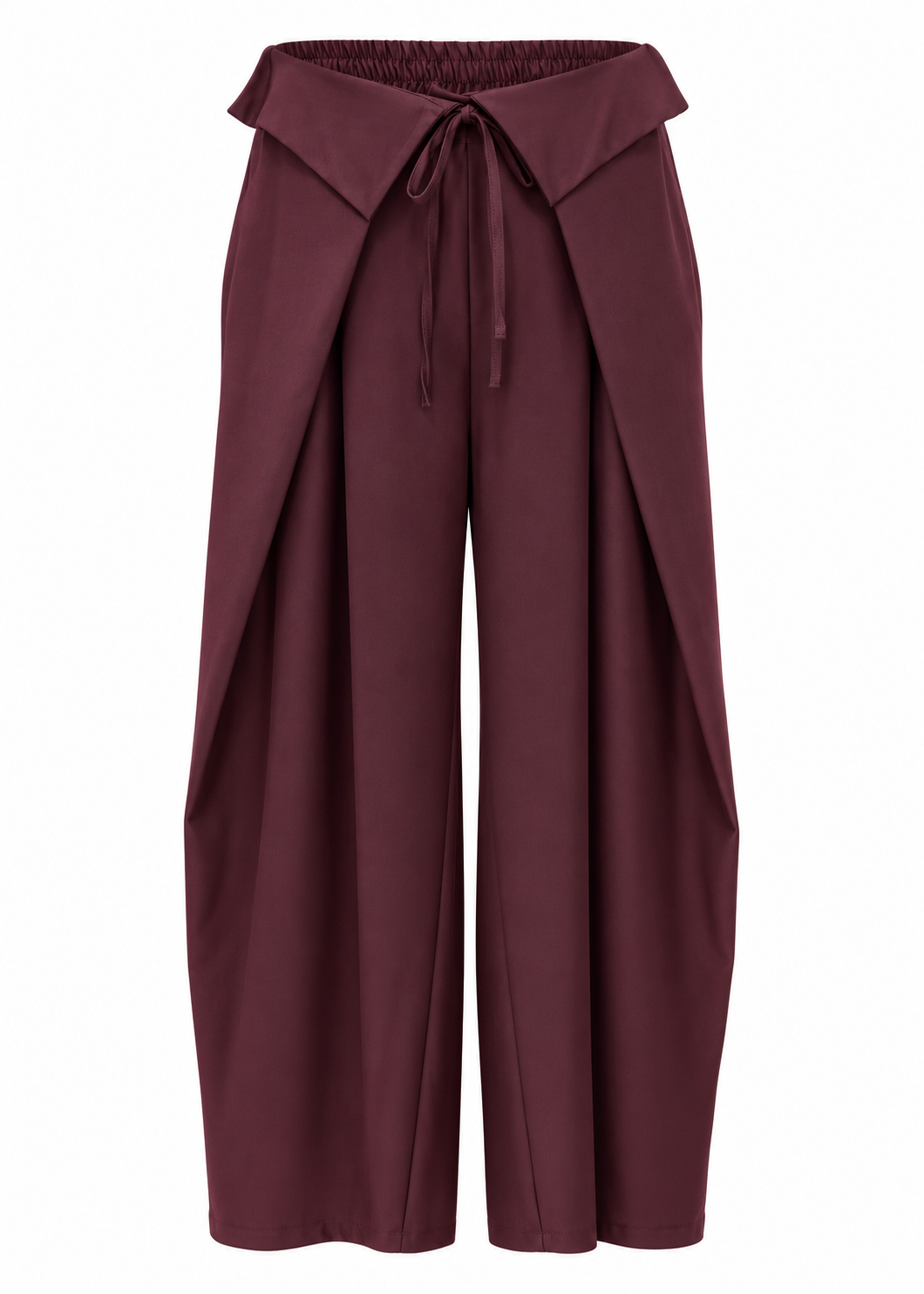 Front view of burgundy wide-leg trousers with draped wrap-style panels and tie-waist detail