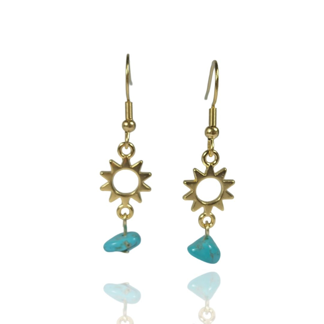 Helios — Gold Sun & Raw Turquoise Drop Earrings