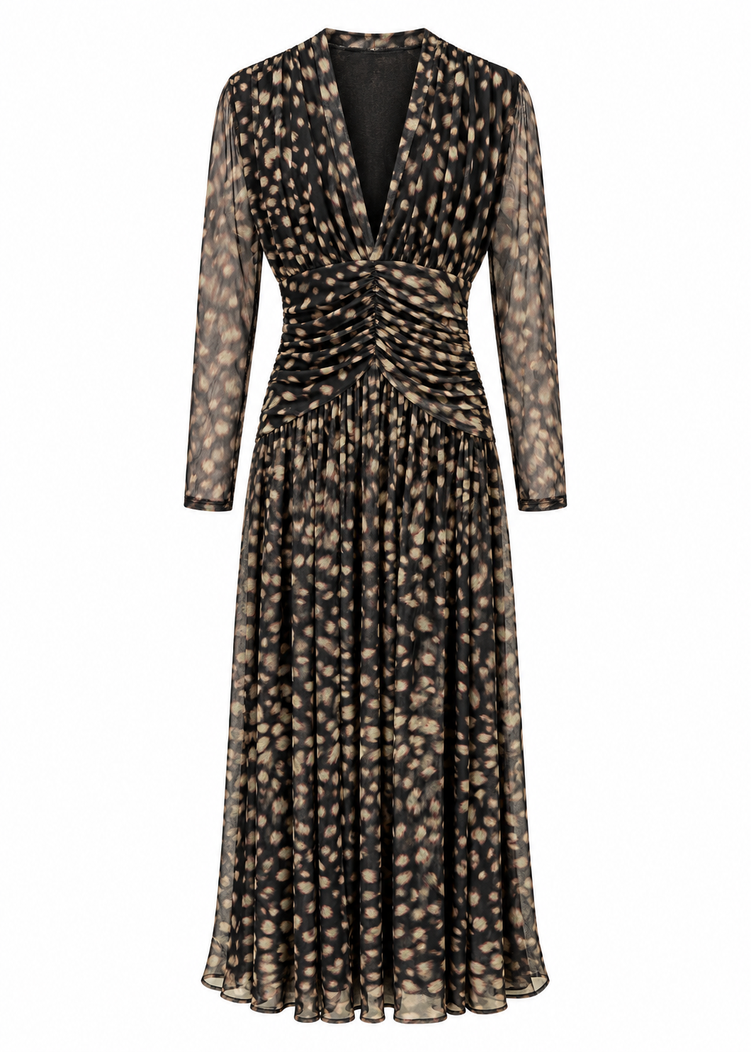 Front view of black and beige spotted maxi dress with deep V-neck, ruched waist and sheer long sleeves