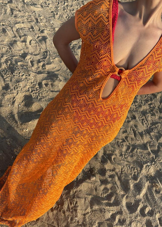 Sunset Crochet Cover-Up Dress – Orange Flame