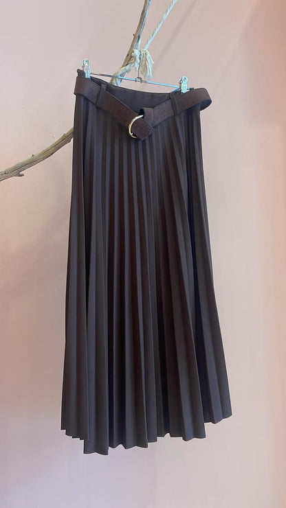 Brown Pleated Midi Skirt with Belt
