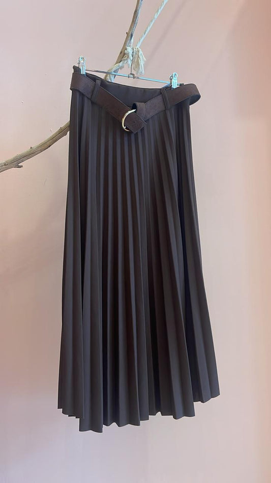 Brown Pleated Midi Skirt with Belt