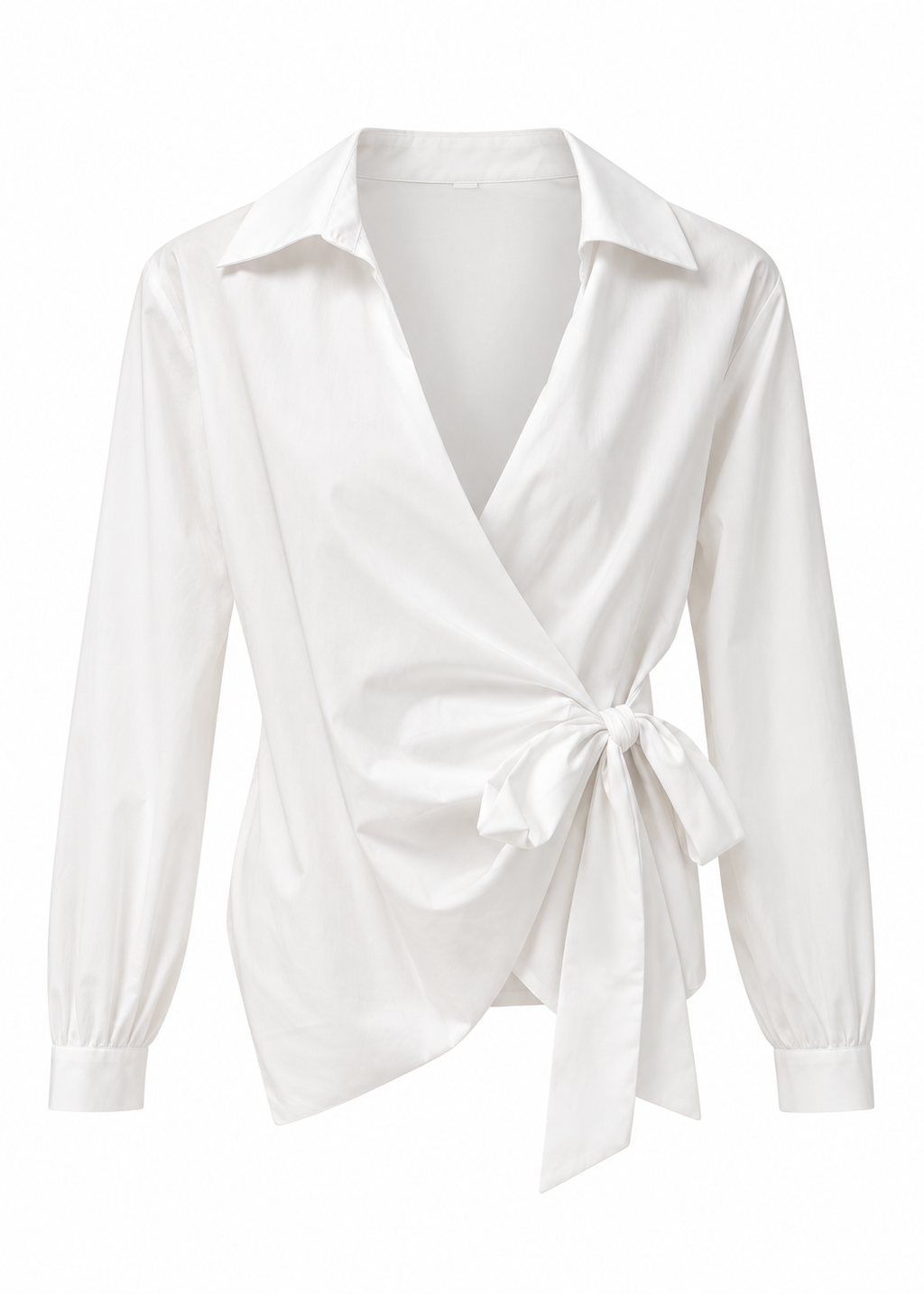 White collared wrap blouse with a side bow tie and long cuffed sleeves, front view