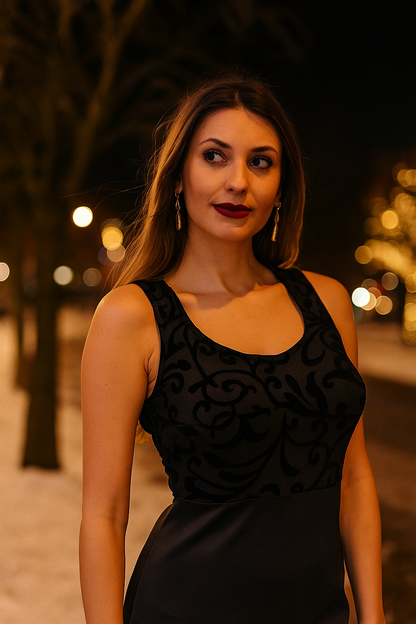 Woman wearing a black dress with intricate patterns in an outdoor setting with blurred lights.