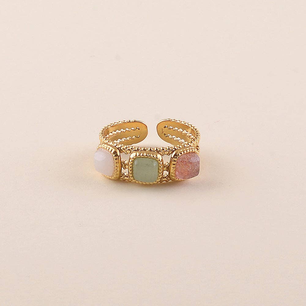 Ring - 3 natural square stones: Gold / TA / Aventurine Orange