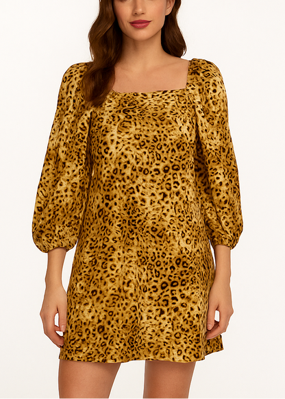 Woman wearing an animal print dress with product details on a white background