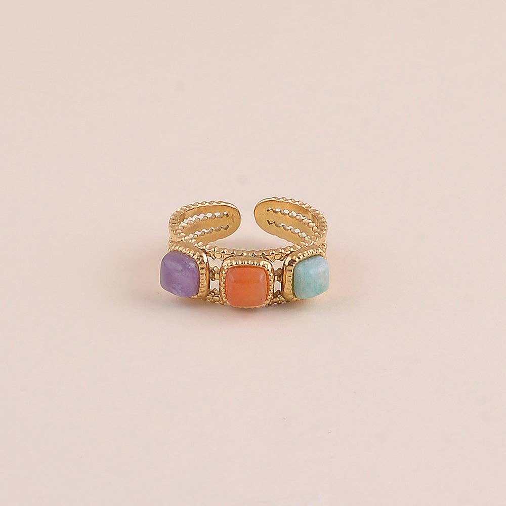 Ring - 3 natural square stones: Gold / TA / Aventurine Orange