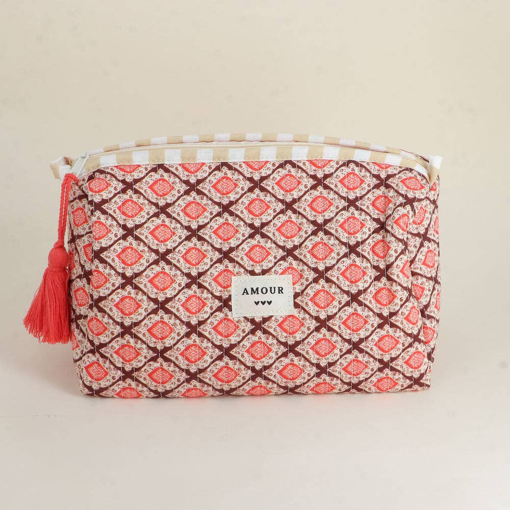 Large pouch with "LOVE" and heart motifs, 100% polyester: Khaki