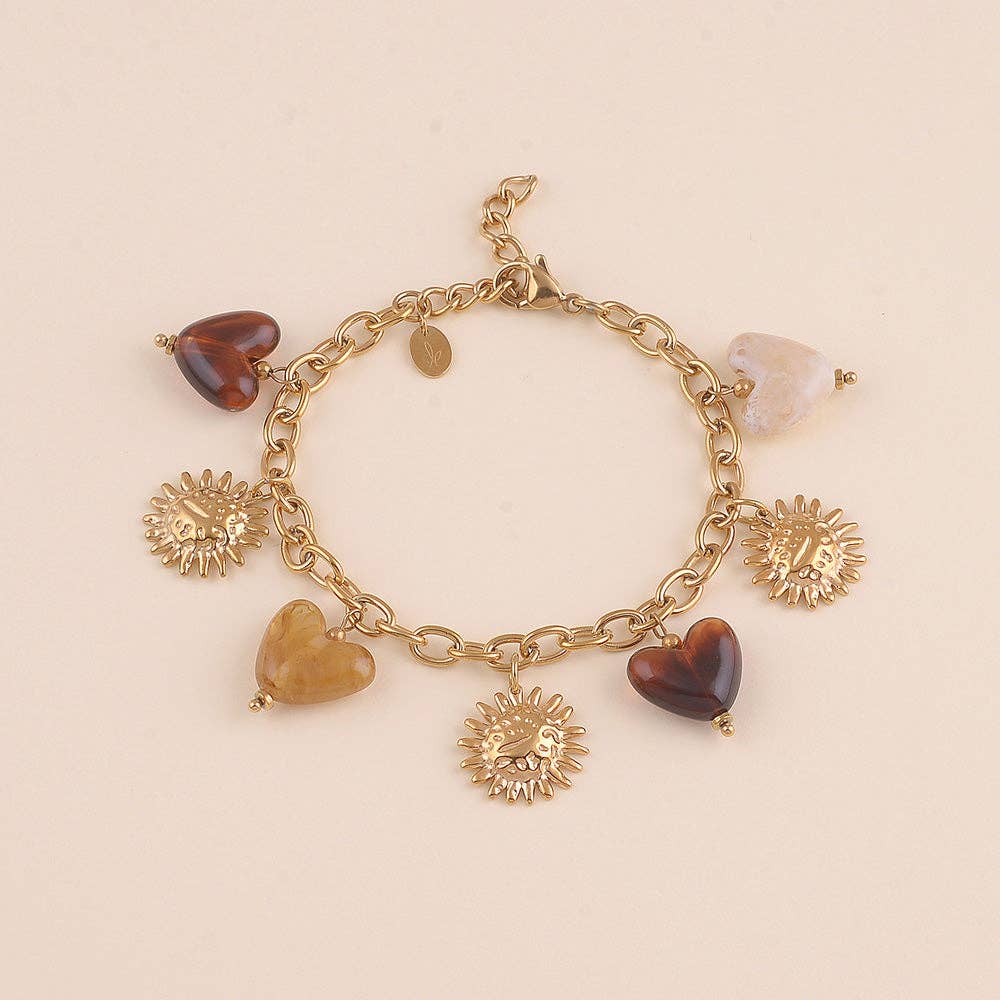Bracelet - resin heart beads and textured flowers: Gold / Khaki
