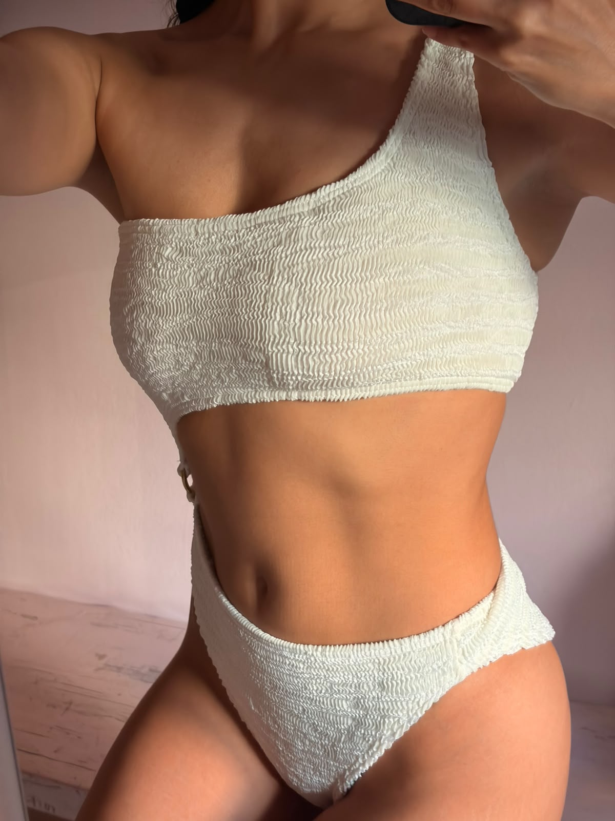Coraline White One-Shoulder Crinkle Swimsuit