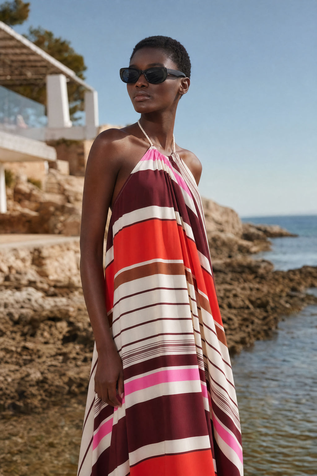 Multicolor Striped Satin Maxi Dress with Halter Neck & Tassel Detail