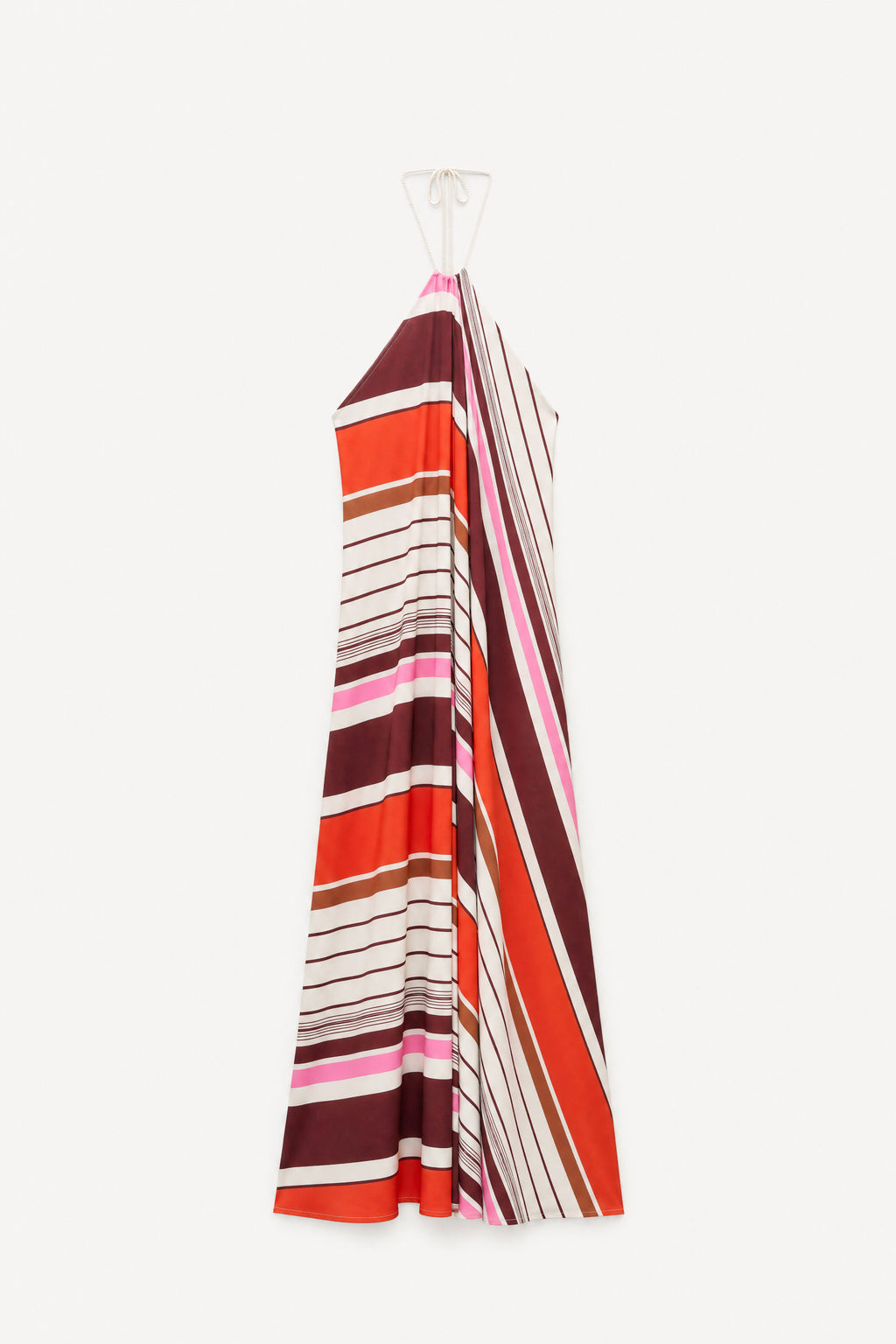 Multicolor Striped Satin Maxi Dress with Halter Neck & Tassel Detail
