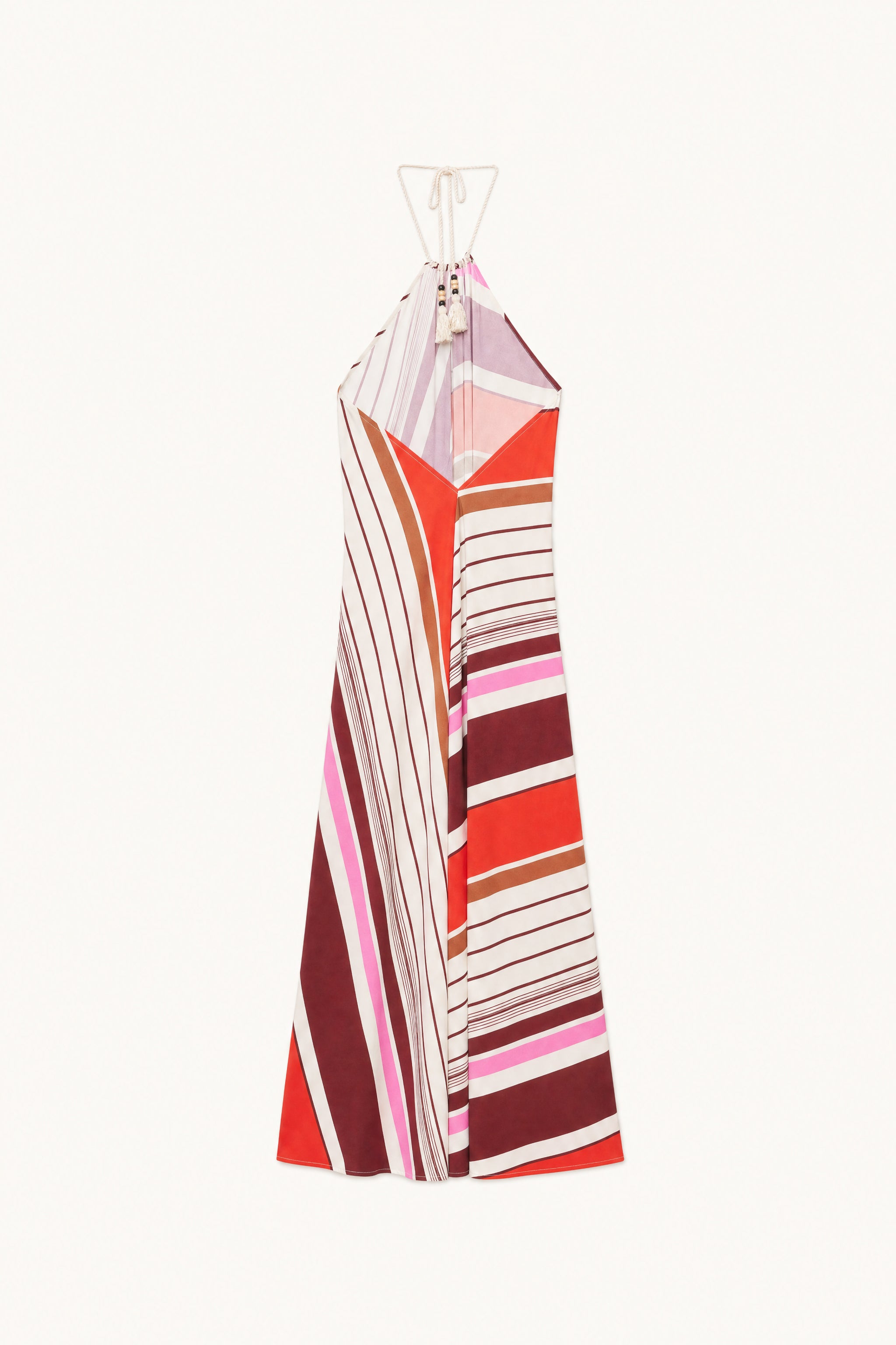 Multicolor Striped Satin Maxi Dress with Halter Neck & Tassel Detail