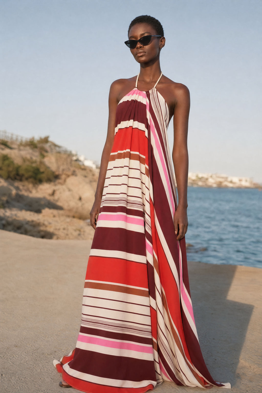 Multicolor Striped Satin Maxi Dress with Halter Neck & Tassel Detail
