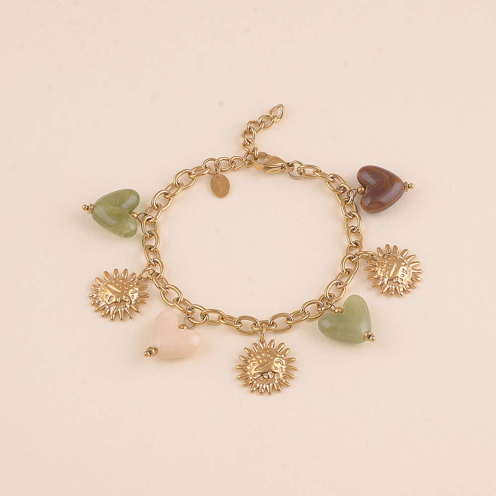 Bracelet - resin heart beads and textured flowers: Gold / Khaki