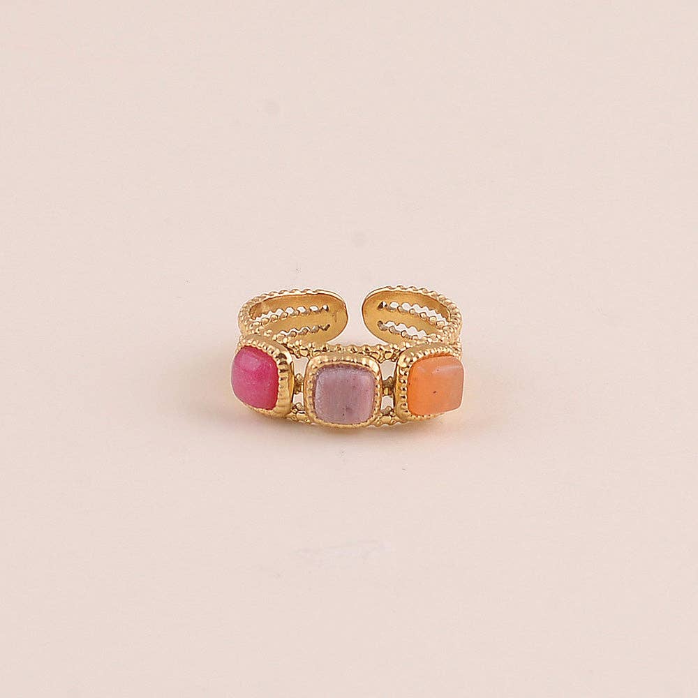 Ring - 3 natural square stones: Gold / TA / Aventurine Orange
